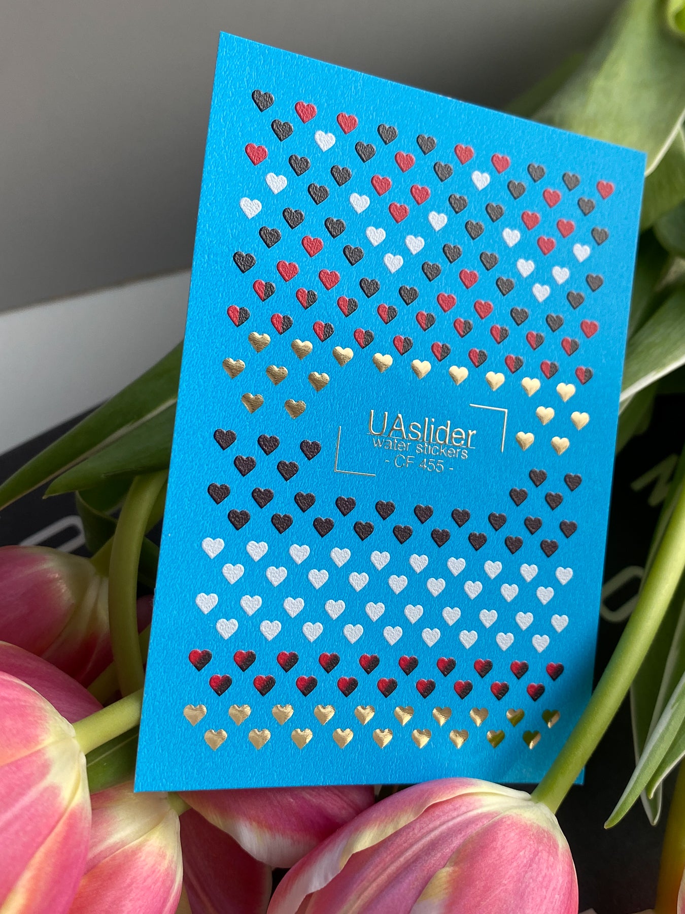 Nail Water Decal CF-455 | Heart Water Slide Nail Decals | Red, Black, White & Gold Mini Hearts