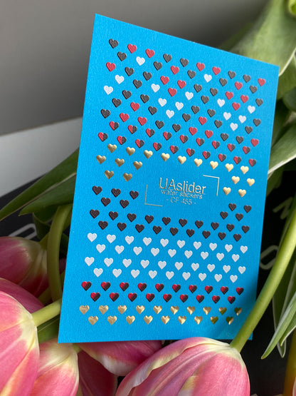 Nail Water Decal CF-455 | Heart Water Slide Nail Decals | Red, Black, White & Gold Mini Hearts