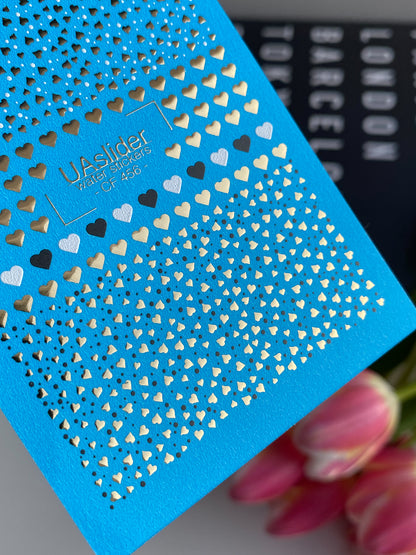 Nagel Wasserabziehbild CF-456 | Herz Wasser-Schiebefolie Nagelabziehbilder | Gold, Schwarz & Weiß Mini Herzen