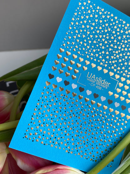 Nagel Wasserabziehbild CF-456 | Herz Wasser-Schiebefolie Nagelabziehbilder | Gold, Schwarz & Weiß Mini Herzen