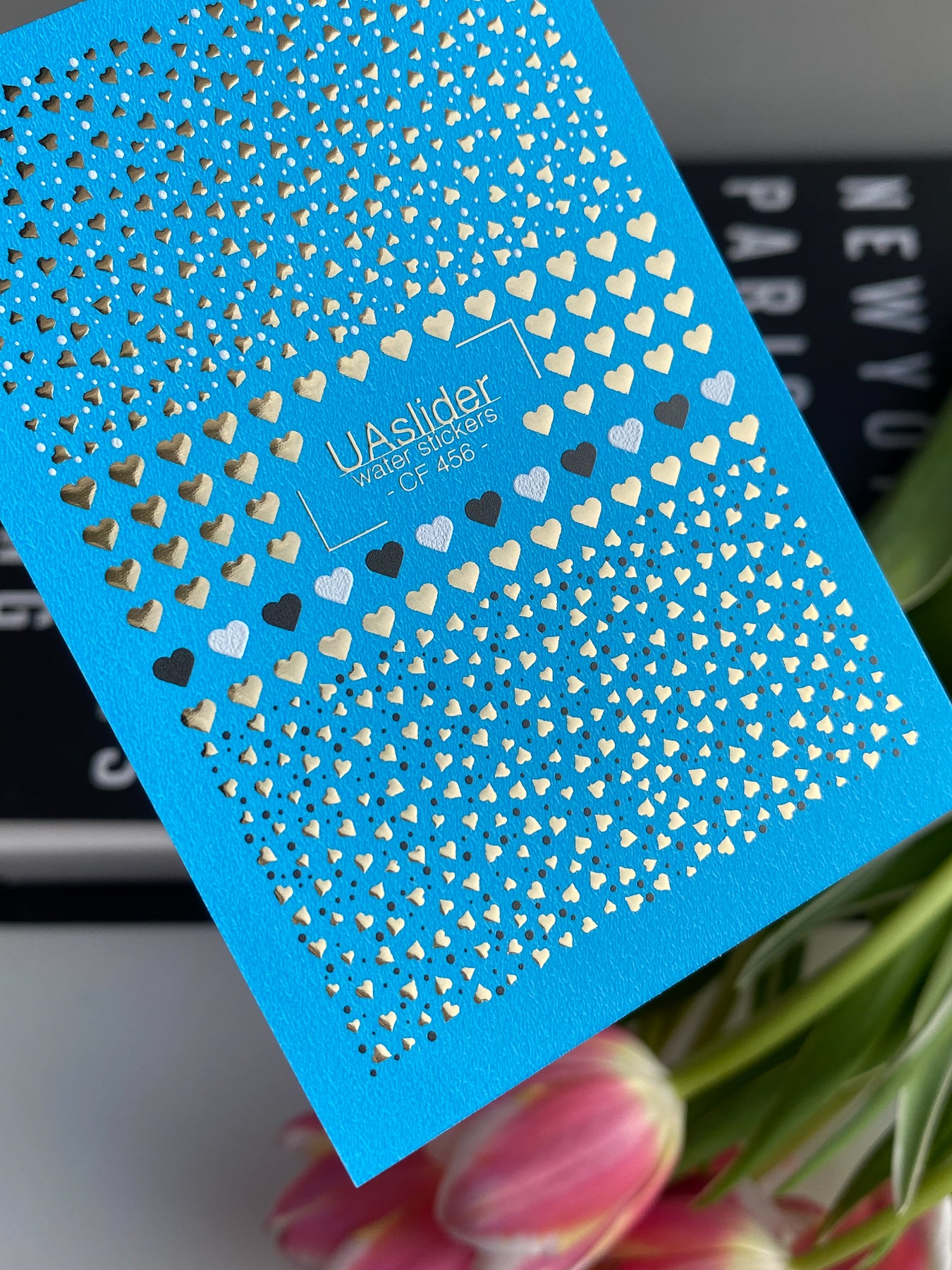 Nagel Wasserabziehbild CF-456 | Herz Wasser-Schiebefolie Nagelabziehbilder | Gold, Schwarz & Weiß Mini Herzen