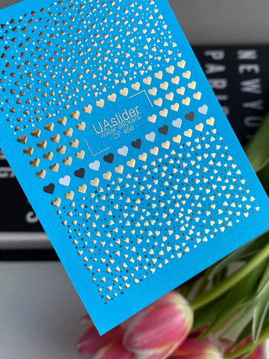 Nail Water Decal CF-456 | Heart Water Slide Nail Decals | Gold, Black & White Mini Hearts