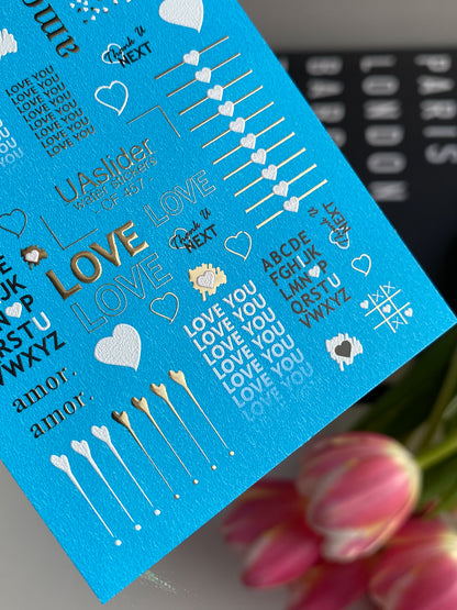 Nail Water Decal CF-457 | Love Water Slide Nail Decals | Hearts, Quotes & Alphabet in Gold & White