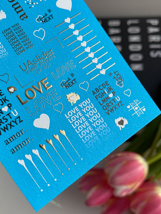 Nail Water Decal CF-457 | Love Water Slide Nail Decals | Hearts, Quotes & Alphabet in Gold & White