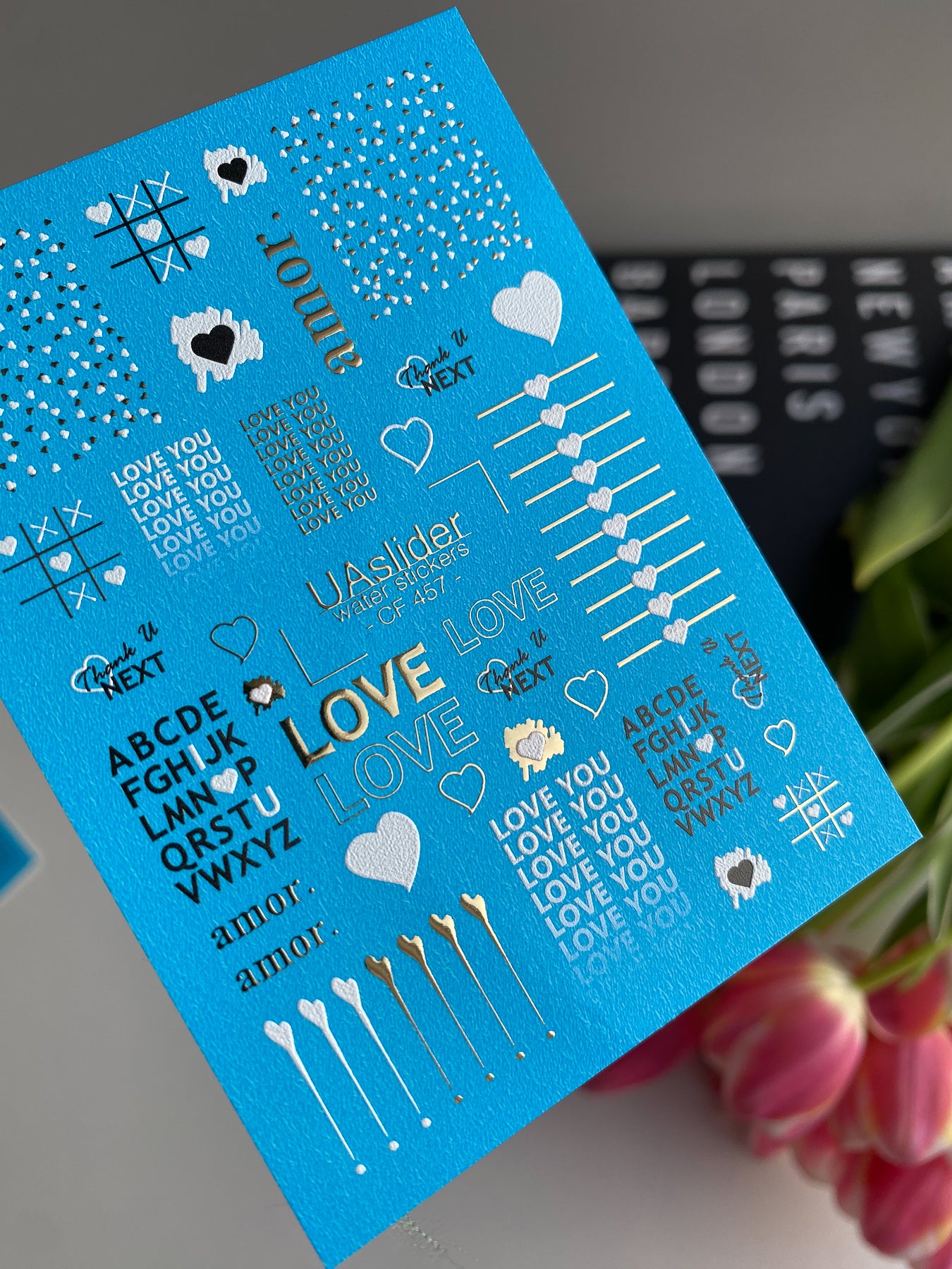 Nail Water Decal CF-457 | Love Water Slide Nail Decals | Hearts, Quotes & Alphabet in Gold & White