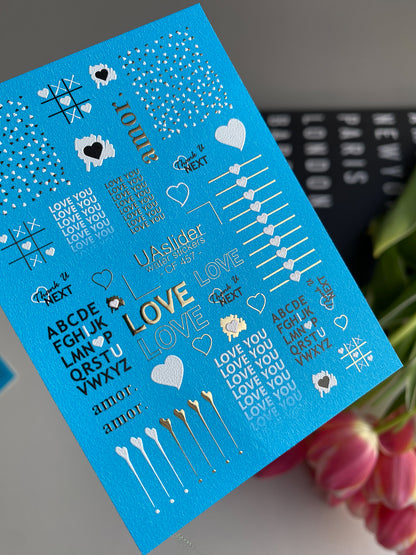 Nail Water Decal CF-457 | Love Water Slide Nail Decals | Hearts, Quotes & Alphabet in Gold & White