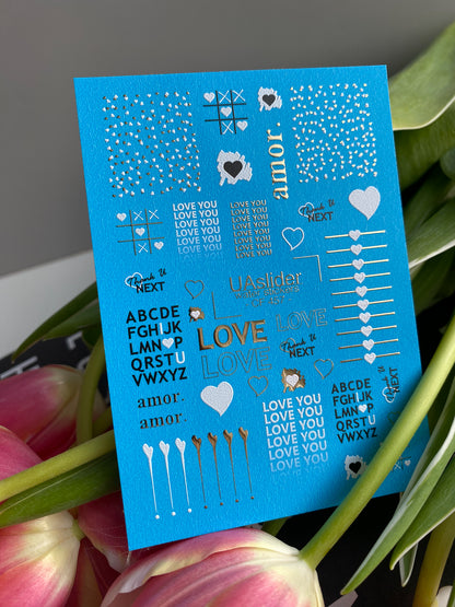 Nail Water Decal CF-457 | Love Water Slide Nail Decals | Hearts, Quotes & Alphabet in Gold & White