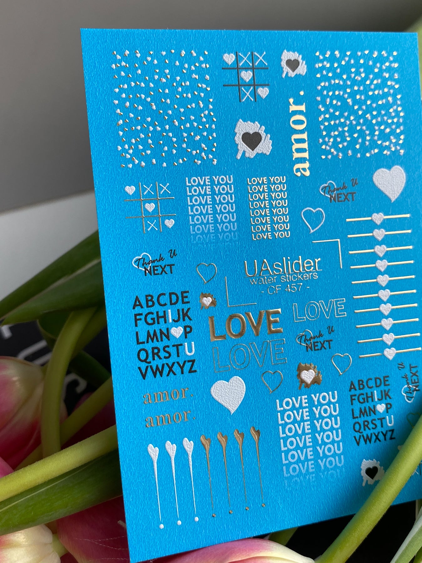 Nail Water Decal CF-457 | Love Water Slide Nail Decals | Hearts, Quotes & Alphabet in Gold & White