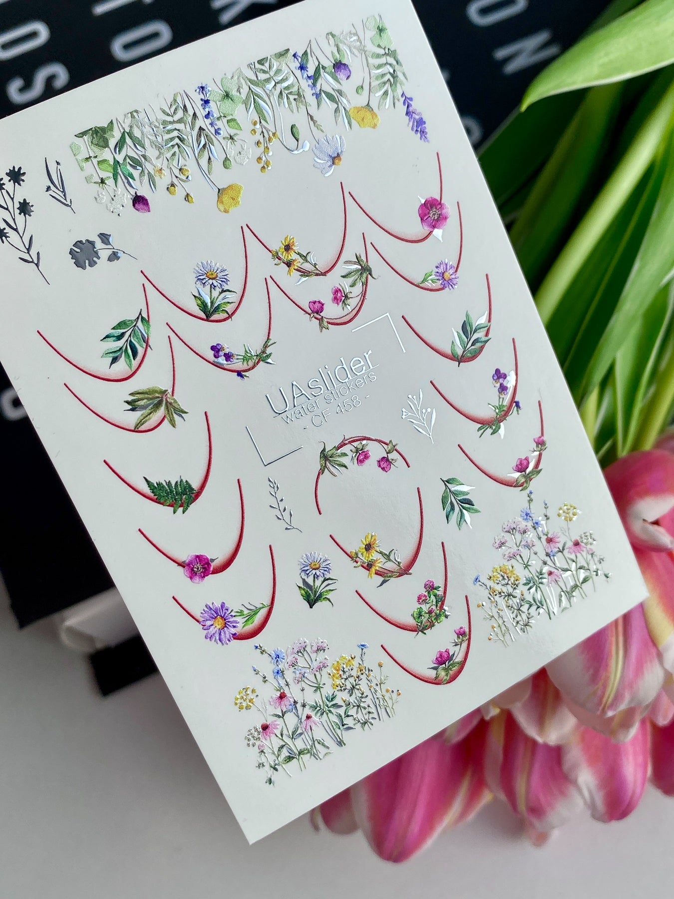 ملصق أظافر مائي CF-458 | ملصقات أظافر فرنسية مائية منزلقة | أطراف فرنسية حمراء مع زهور برية