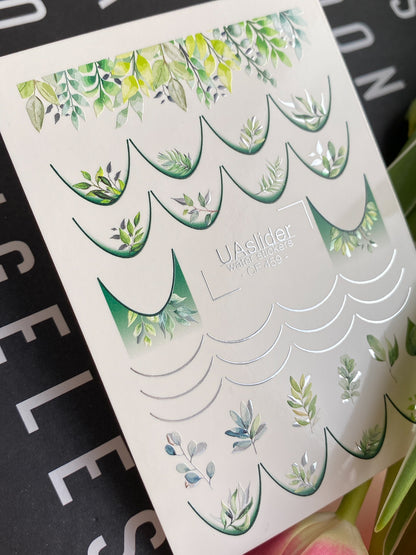 Nail Water Decal CF-459 | Botanical Water Slide Nail Decals | Green Leaves French Tips