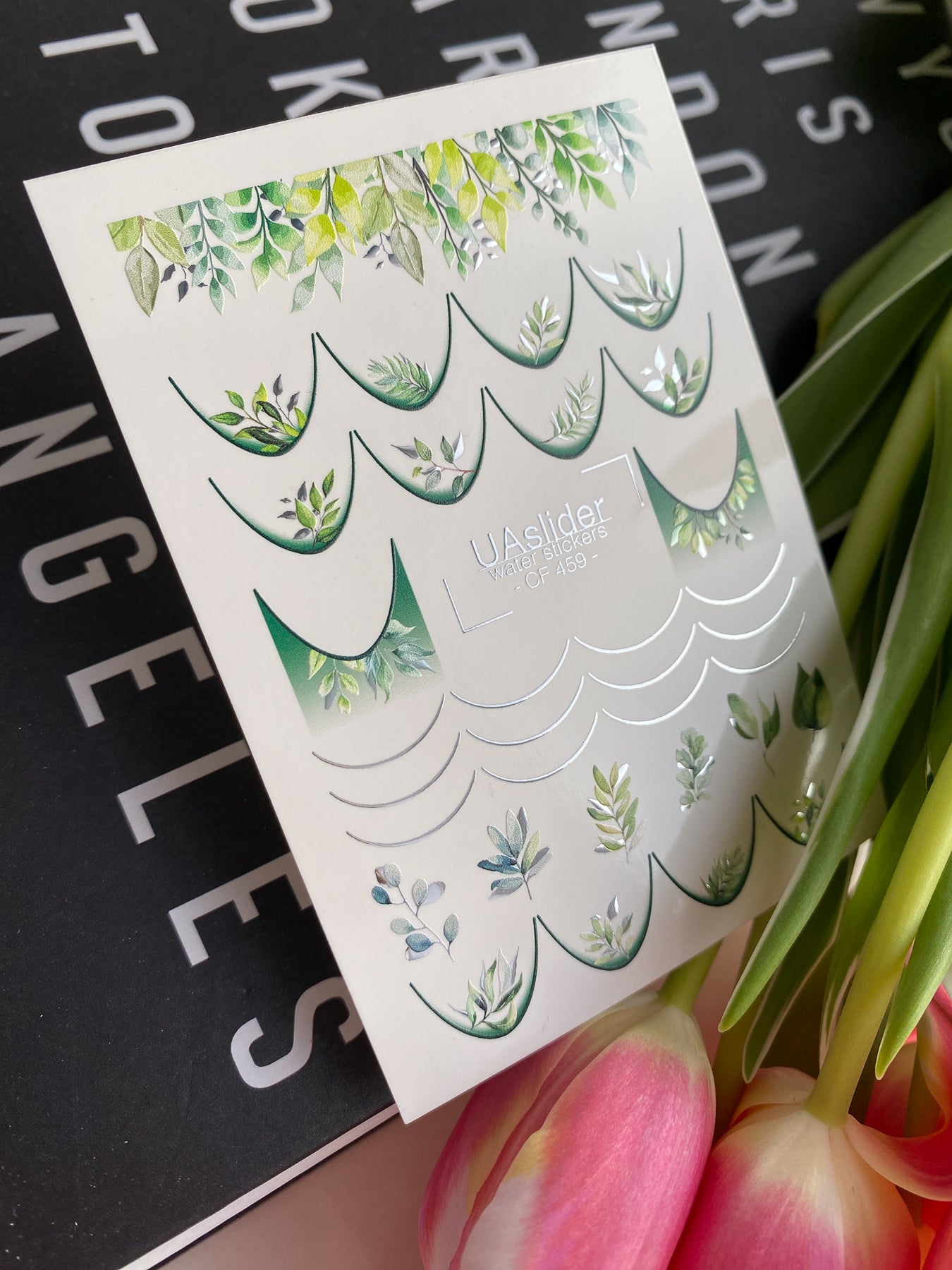 Nail Water Decal CF-459 | Botanical Water Slide Nail Decals | Green Leaves French Tips