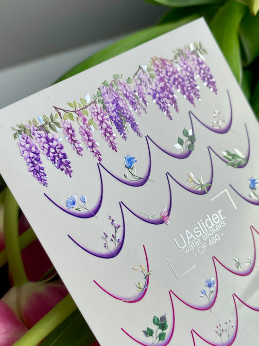 Nail Water Decal CF-460 | French Water Slide Nail Decals | Floral French Tips with Wisteria & City Houses