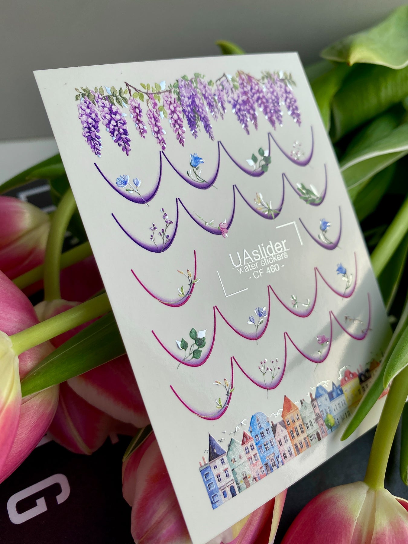 Nail Water Decal CF-460 | French Water Slide Nail Decals | Floral French Tips with Wisteria & City Houses - UASLIDER