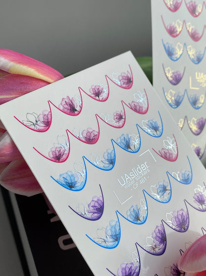 Nail Water Decal CF-461 | French Water Slide Nail Decals | Pink, Blue & Purple Floral French Tips