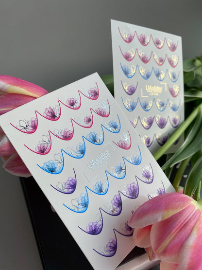 Nail Water Decal CF-461 | French Water Slide Nail Decals | Pink, Blue & Purple Floral French Tips