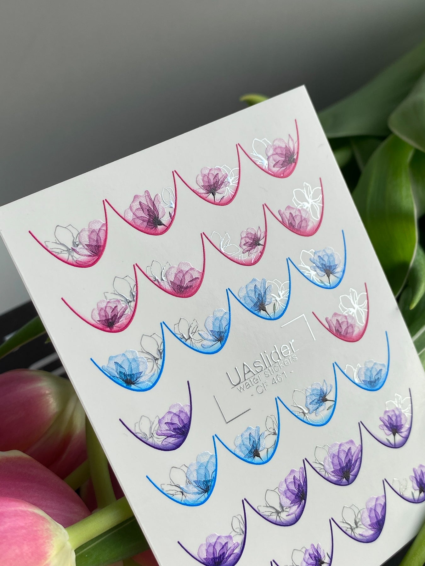 Nail Water Decal CF-461 | French Water Slide Nail Decals | Pink, Blue & Purple Floral French Tips