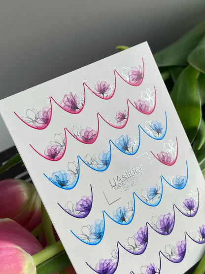Nail Water Decal CF-461 | French Water Slide Nail Decals | Pink, Blue & Purple Floral French Tips