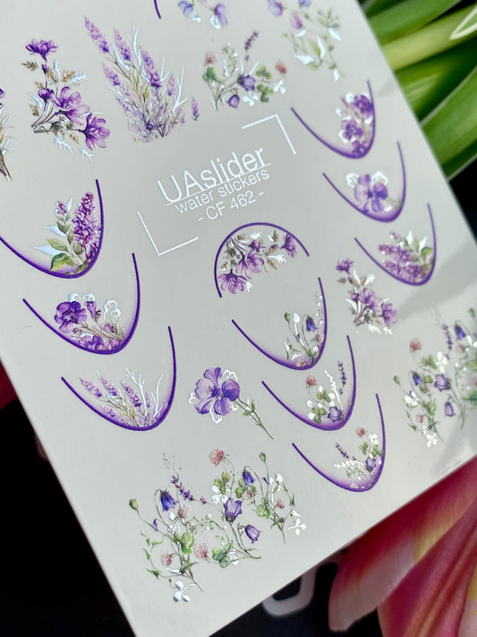 Nail Water Decal CF-462 | Floral Water Slide Nail Decals | Lavender, Wisteria & Purple French Tips