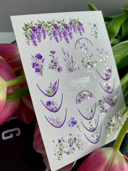 Naklejka na paznokcie wodna CF-462 | Kwiatowe wodne naklejki na paznokcie | Lawenda, glicynia i fioletowe francuskie końcówki