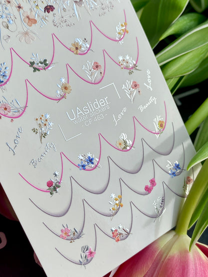 ملصق أظافر مائي CF-463 | ملصقات أظافر فرنسية منزلقة مائية | أطراف فرنسية مزهرة بأزهار برية بألوان الباستيل