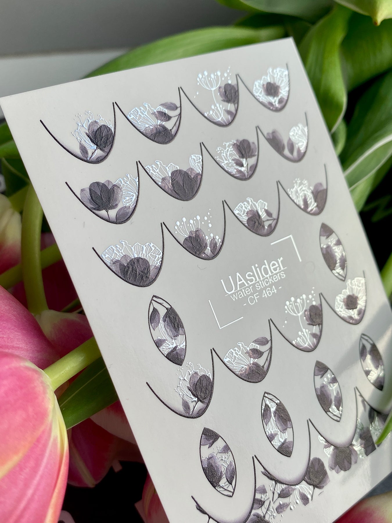 Nail Water Decal CF-464 | French Water Slide Nail Decals | Black & Silver Floral French Tips - UASLIDER