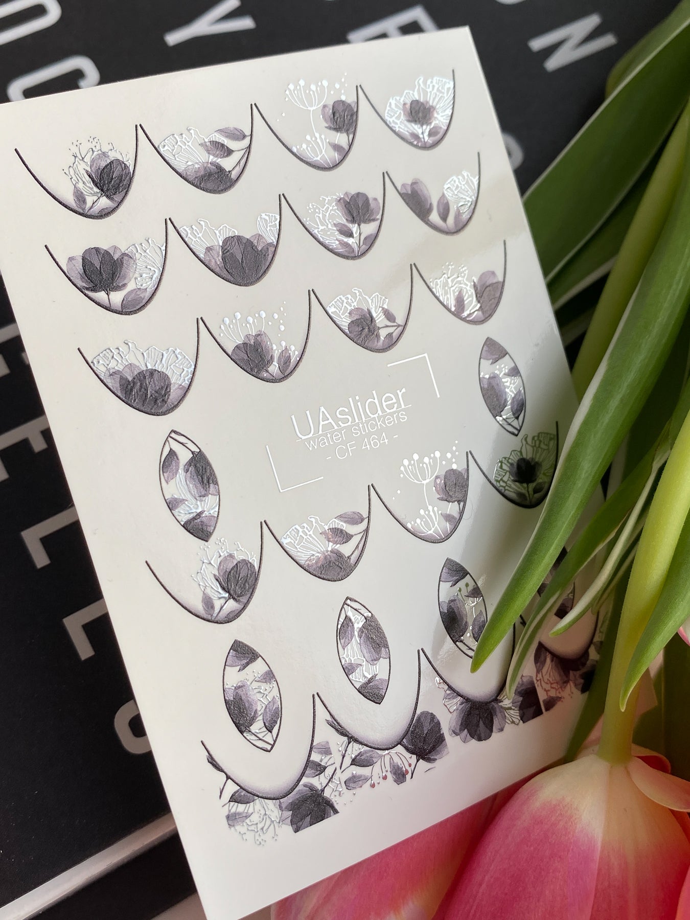 Nail Water Decal CF-464 | French Water Slide Nail Decals | Black & Silver Floral French Tips - UASLIDER