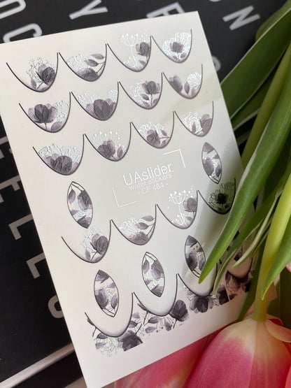 Nail Water Decal CF-464 | French Water Slide Nail Decals | Black & Silver Floral French Tips