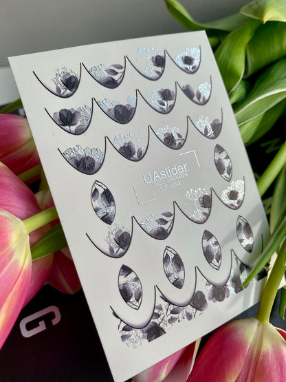 Nail Water Decal CF-464 | French Water Slide Nail Decals | Black & Silver Floral French Tips