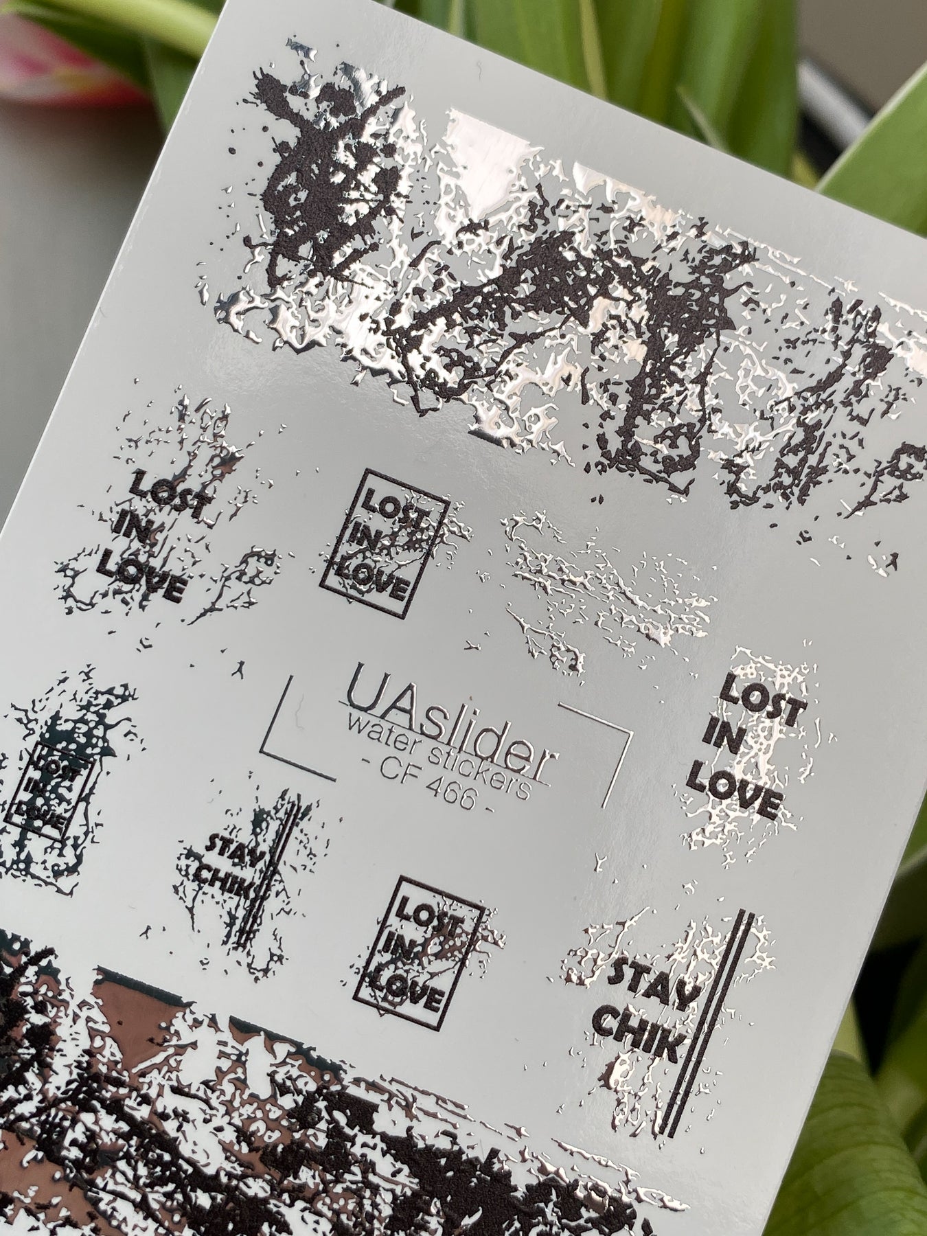 Nail Water Decal CF-466 | Abstract Water Slide Nail Decals | Black & Silver Foil with Quotes - UASLIDER