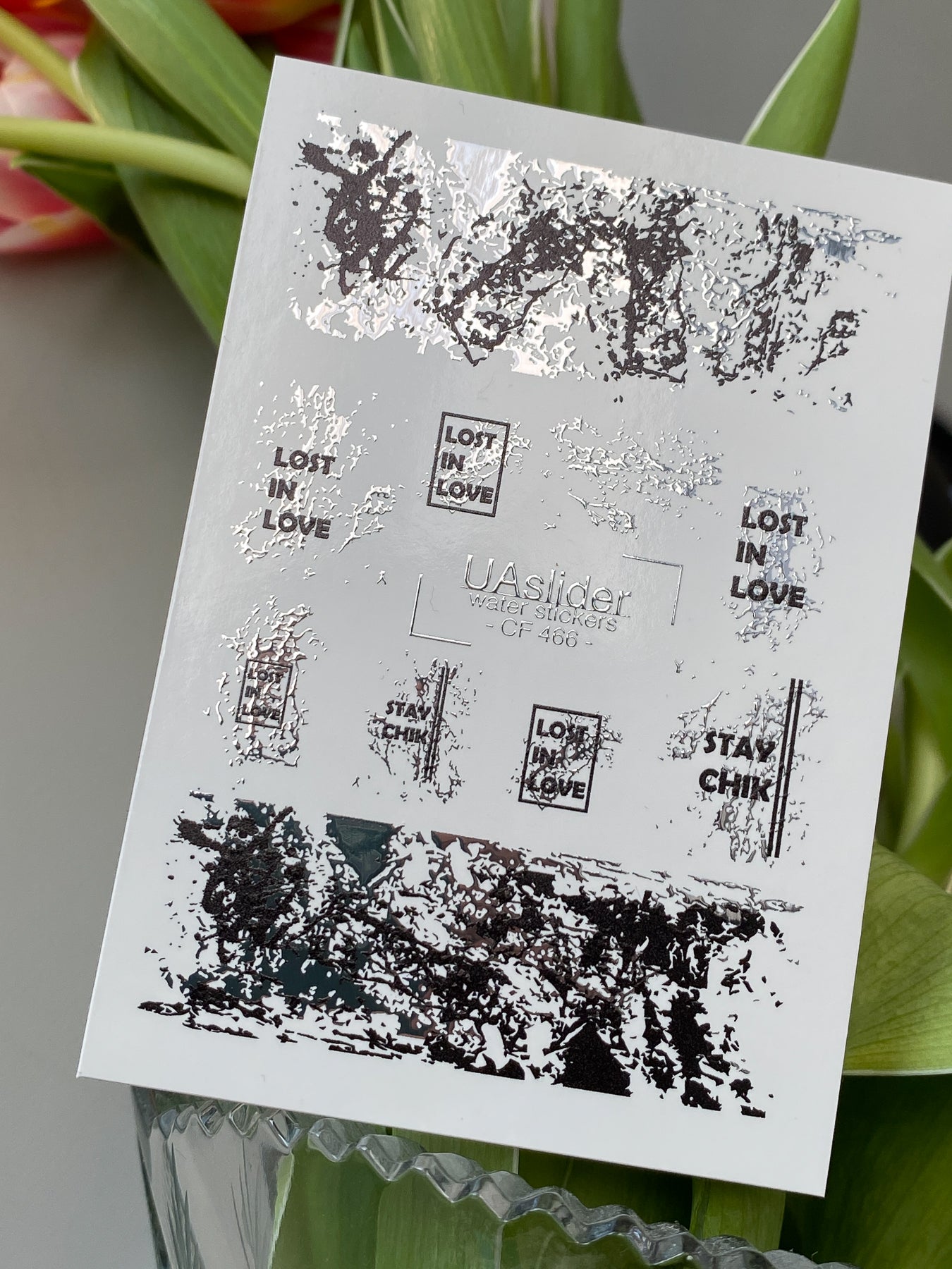 Nail Water Decal CF-466 | Abstract Water Slide Nail Decals | Black & Silver Foil with Quotes