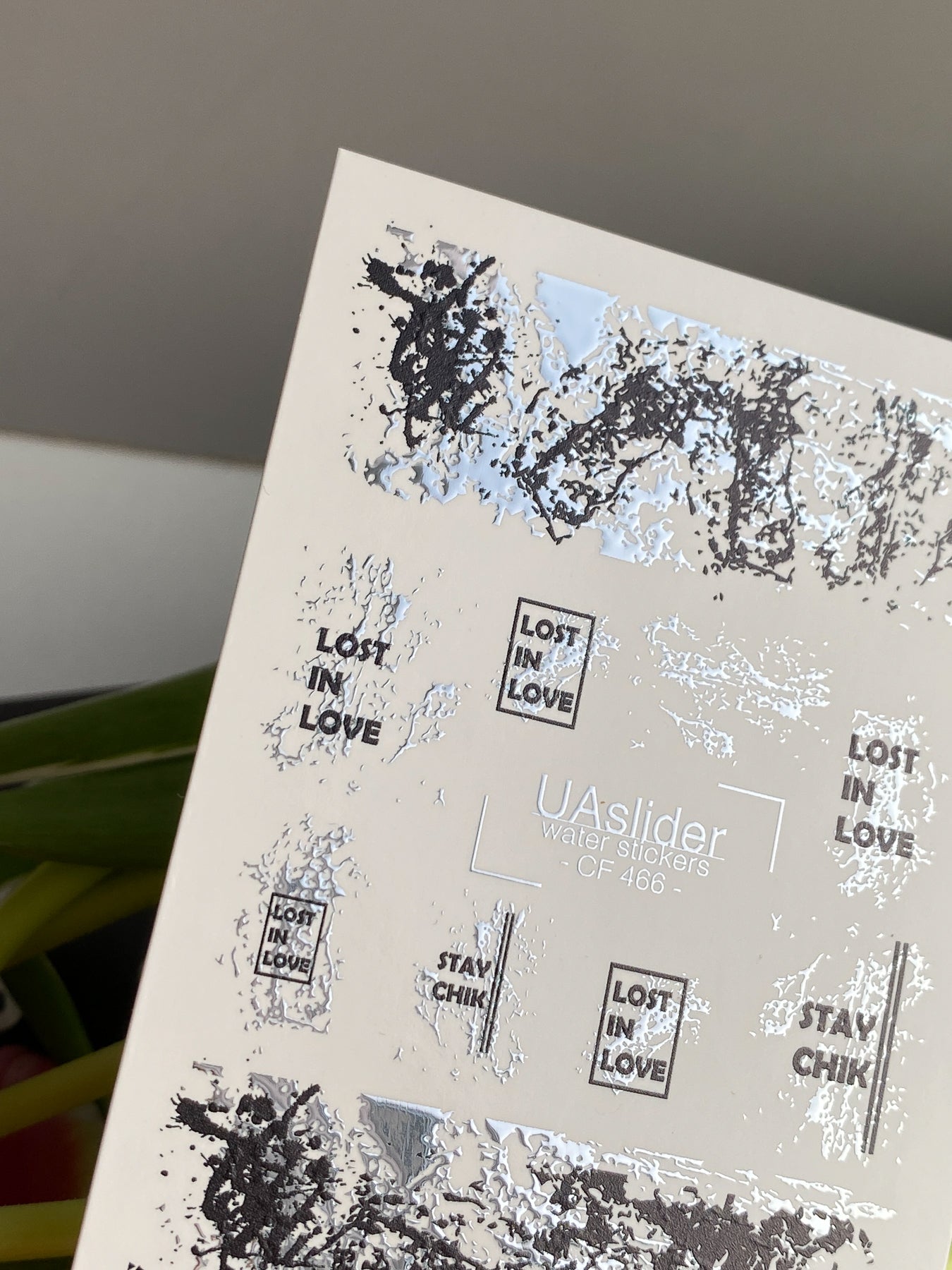 Nail Water Decal CF-466 | Abstract Water Slide Nail Decals | Black & Silver Foil with Quotes