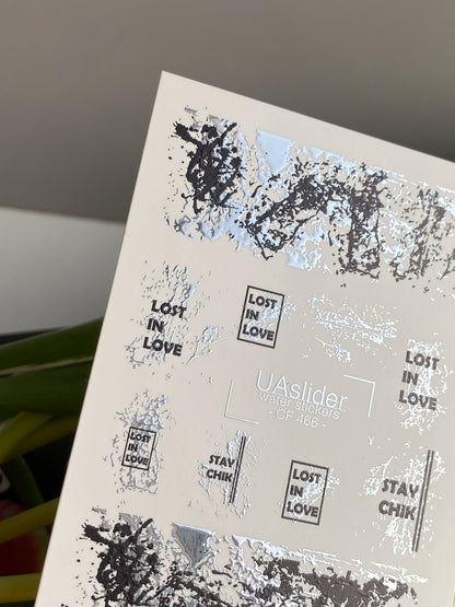 Nail Water Decal CF-466 | Abstract Water Slide Nail Decals | Black & Silver Foil with Quotes