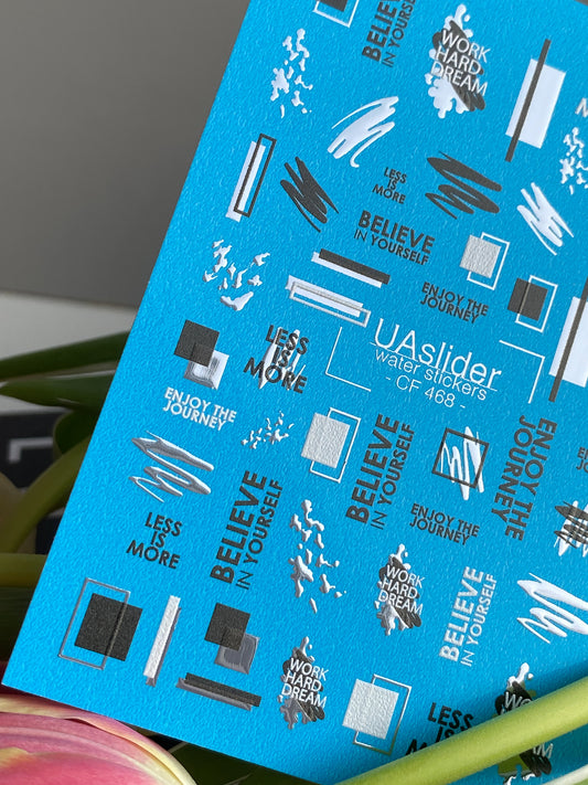 Nail Water Decal CF-468 | Minimalist Water Slide Nail Decals | Black & Silver Foil with Motivational Quotes