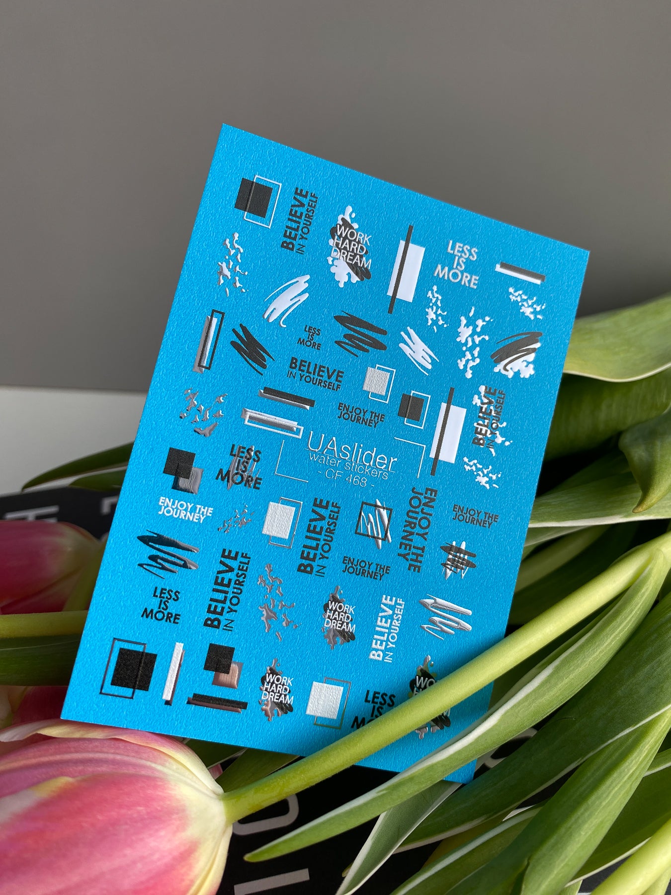 Nail Water Decal CF-468 | Minimalist Water Slide Nail Decals | Black & Silver Foil with Motivational Quotes