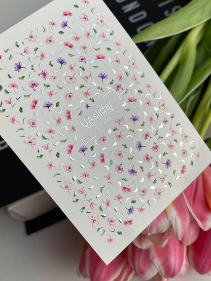 Nail Water Decal CF-469 | Tiny Floral Water Slide Nail Decals | Pink & Purple Blossom Pattern