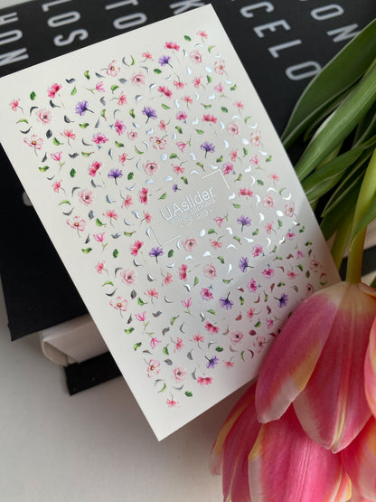 Nail Water Decal CF-469 | Tiny Floral Water Slide Nail Decals | Pink & Purple Blossom Pattern