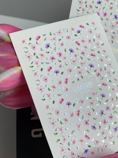 Nail Water Decal CF-469 | Tiny Floral Water Slide Nail Decals | Pink & Purple Blossom Pattern