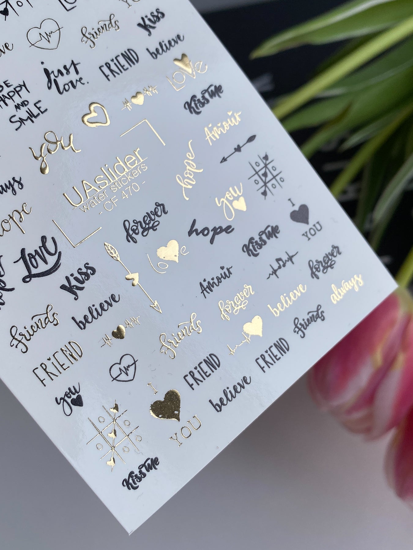 Nail Water Decal CF-470 | Love & Friendship Nail Decals | Black & Gold Minimalist Lettering Stickers - UASLIDER