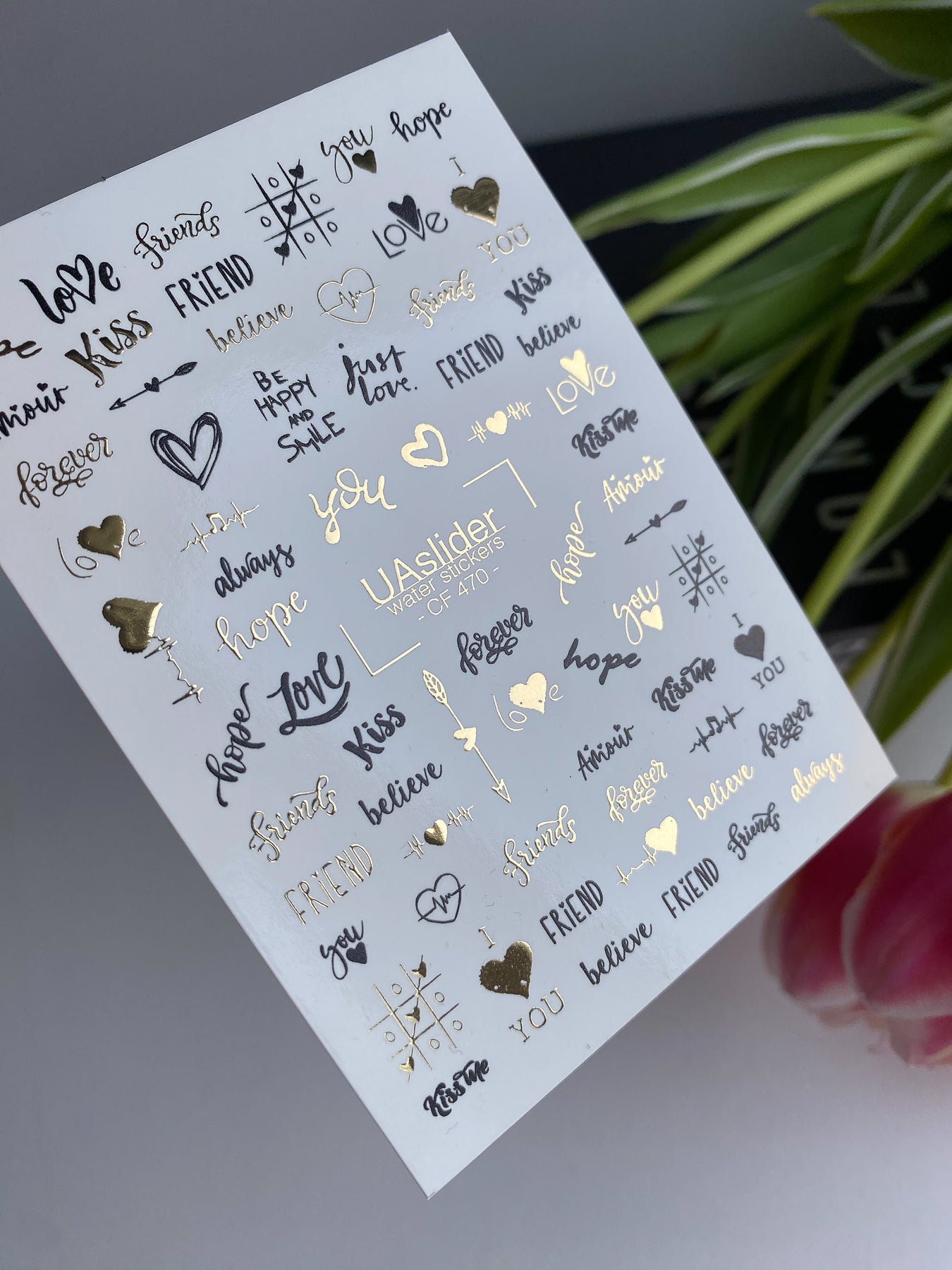 Nail Water Decal CF-470 | Love & Friendship Nail Decals | Black & Gold Minimalist Lettering Stickers - UASLIDER