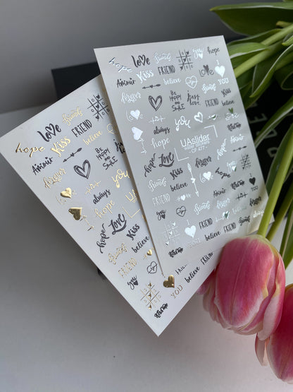 Nail Water Decal CF-470 | Love & Friendship Nail Decals | Black & Gold Minimalist Lettering Stickers