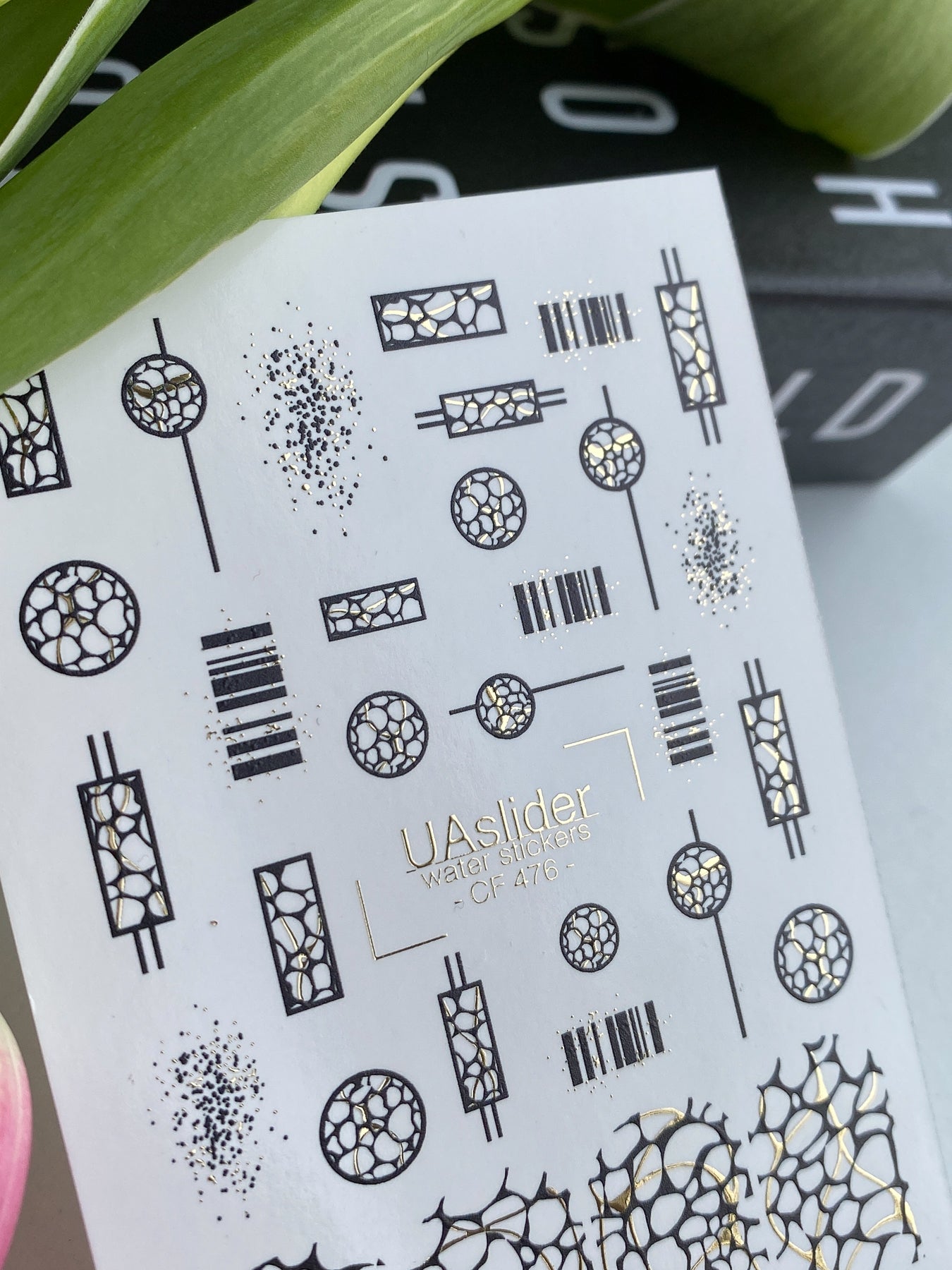 Nail Water Decal CF-476 | Geometric Nail Water Decals | Black and Gold Abstract Patterns