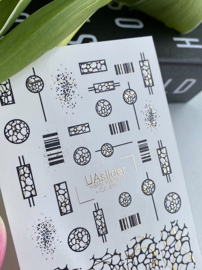 Nail Water Decal CF-476 | Geometric Nail Water Decals | Black and Gold Abstract Patterns