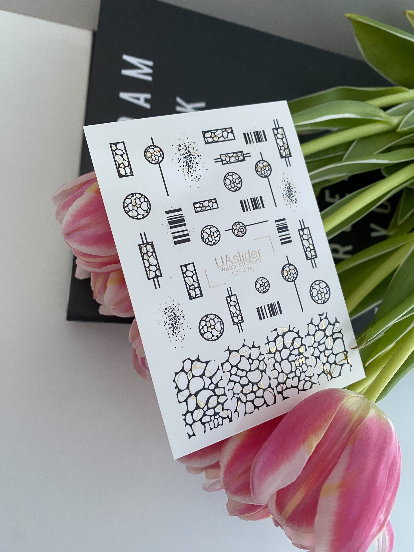 Nail Water Decal CF-476 | Geometric Nail Water Decals | Black and Gold Abstract Patterns