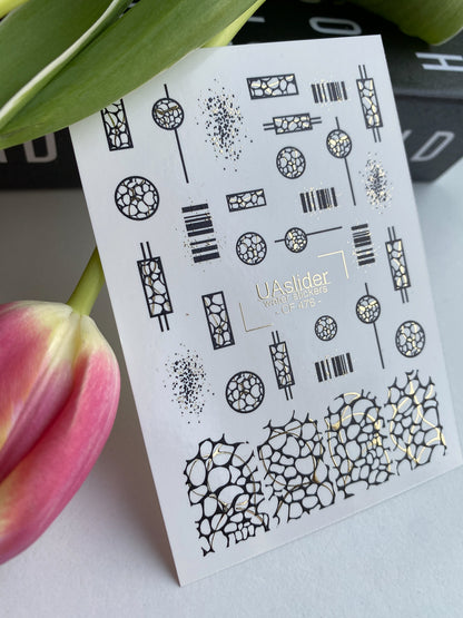 Nail Water Decal CF-476 | Geometric Nail Water Decals | Black and Gold Abstract Patterns