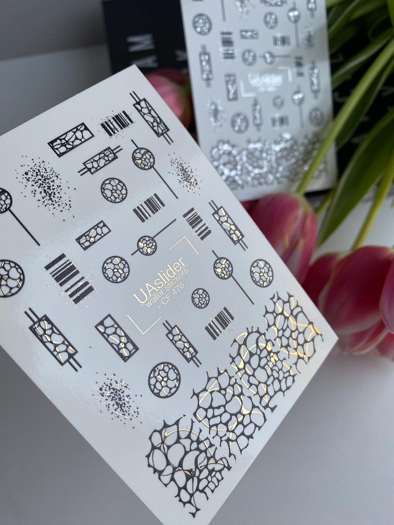 Nail Water Decal CF-476 | Geometric Nail Water Decals | Black and Gold Abstract Patterns