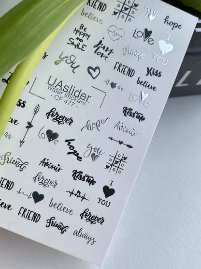 Nail Water Decal CF-477 | Silver Nail Water Decals | Love & Quote Nail Tattoos
