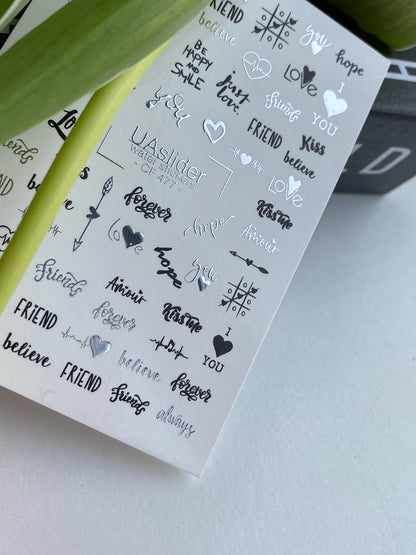 Nail Water Decal CF-477 | Silver Nail Water Decals | Love & Quote Nail Tattoos