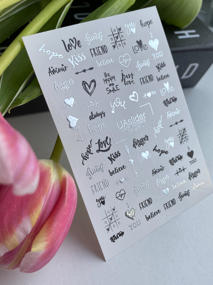 Nail Water Decal CF-477 | Silver Nail Water Decals | Love & Quote Nail Tattoos