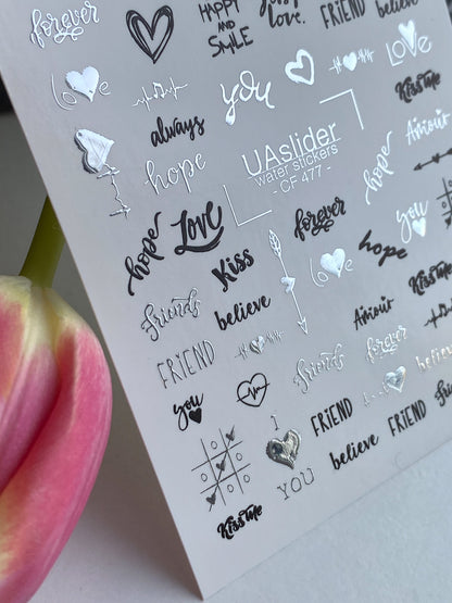 Nail Water Decal CF-477 | Silver Nail Water Decals | Love & Quote Nail Tattoos