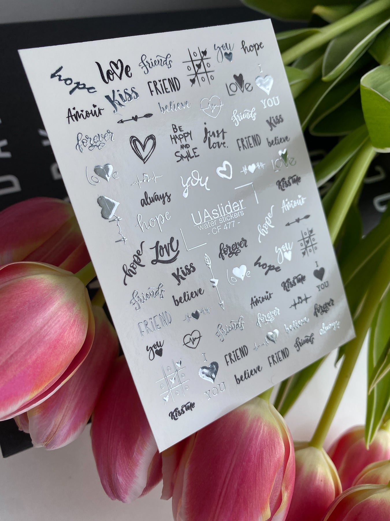 Nail Water Decal CF-477 | Silver Nail Water Decals | Love & Quote Nail Tattoos